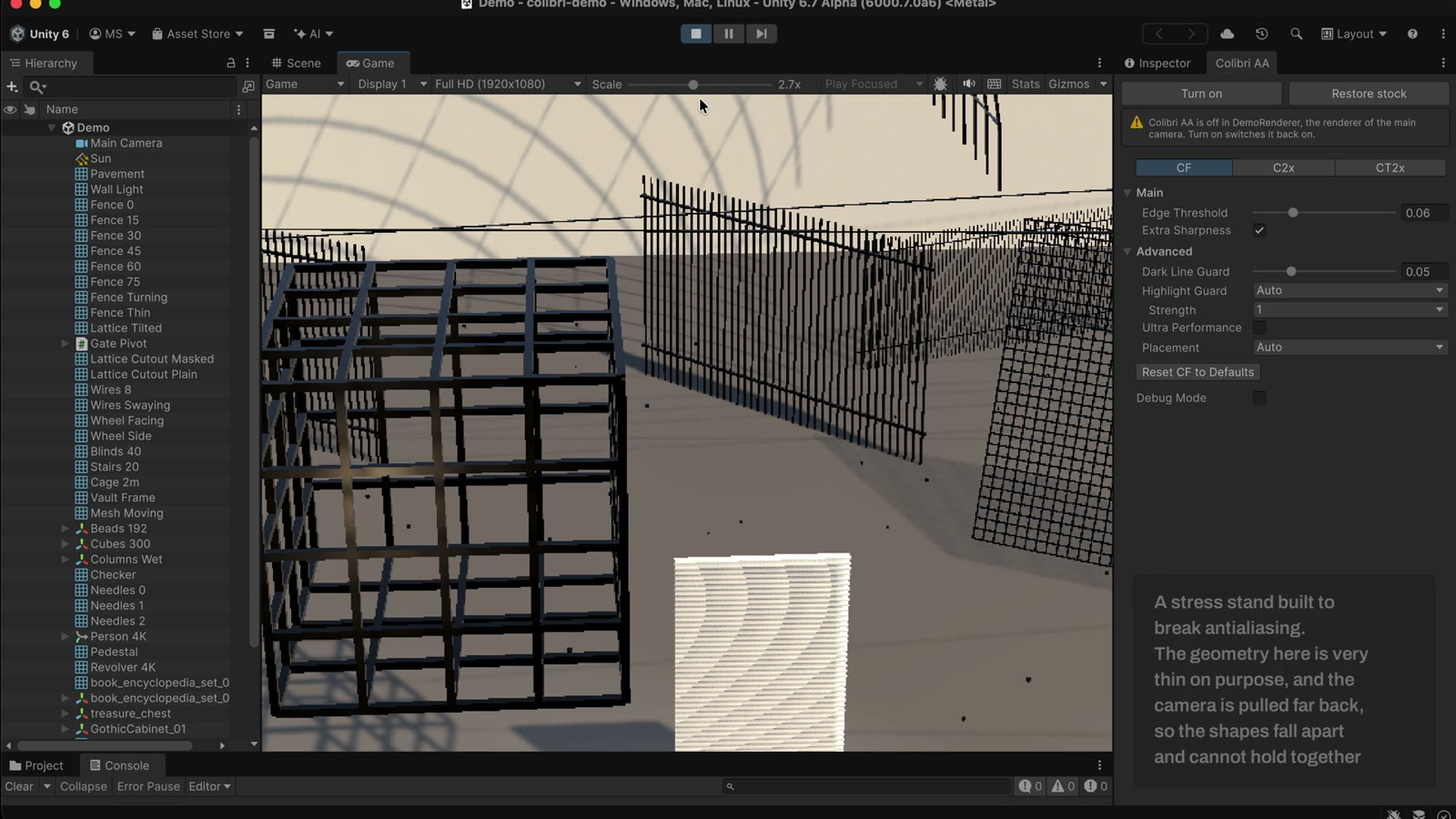 The Colibri window in the editor above the stress-test scene with grids, wires and glossy spheres
