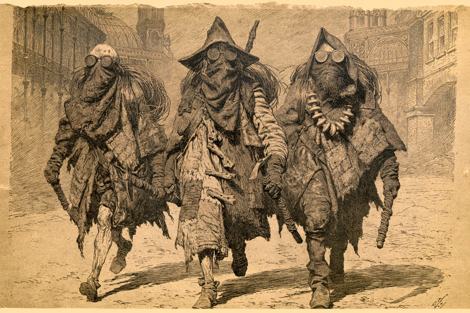 Engraving: three figures in goggles and heavy cloaks walking through a ruined Victorian street