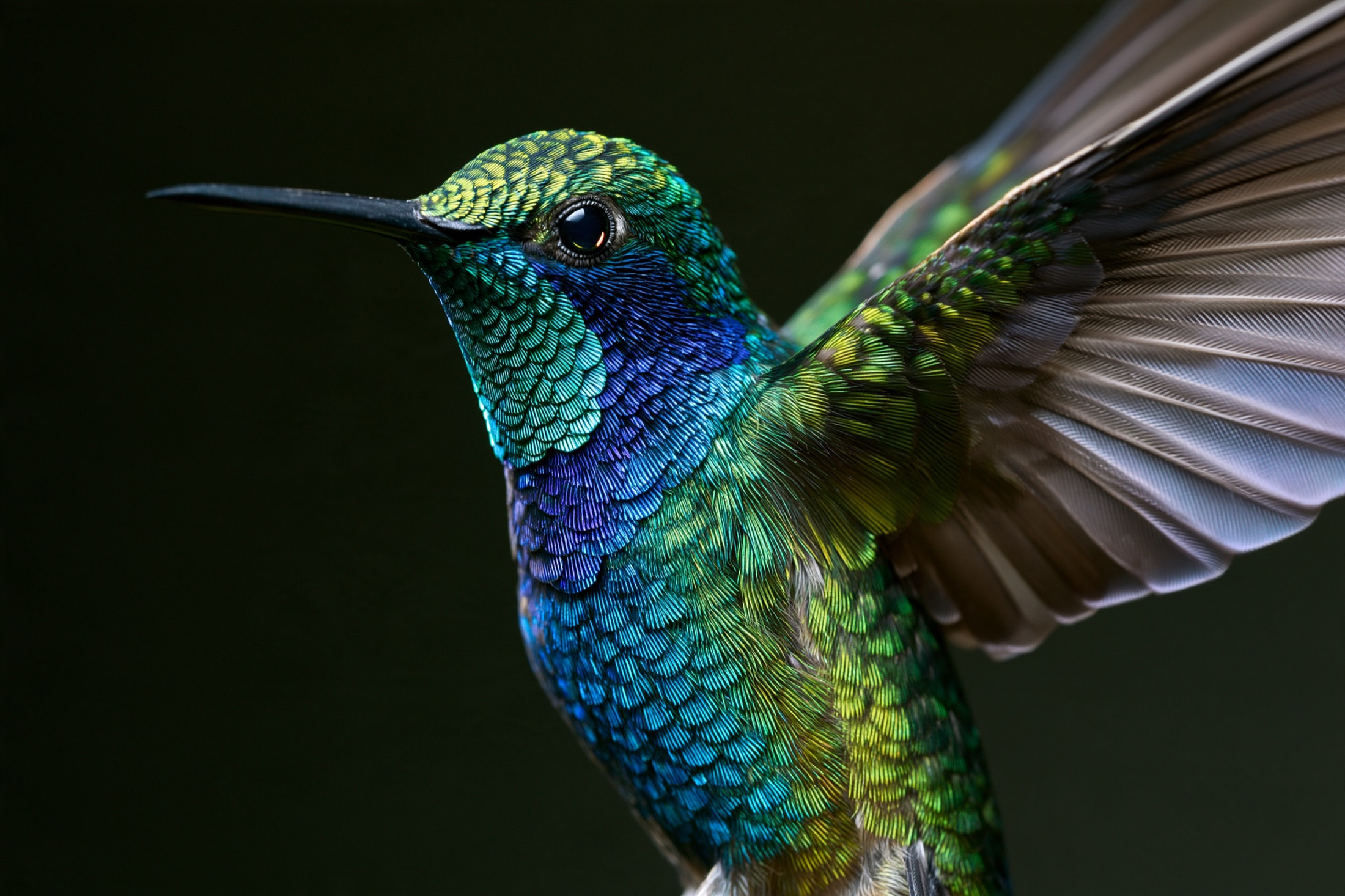 A hummingbird in flight, iridescent blue and green plumage lit against a dark ground