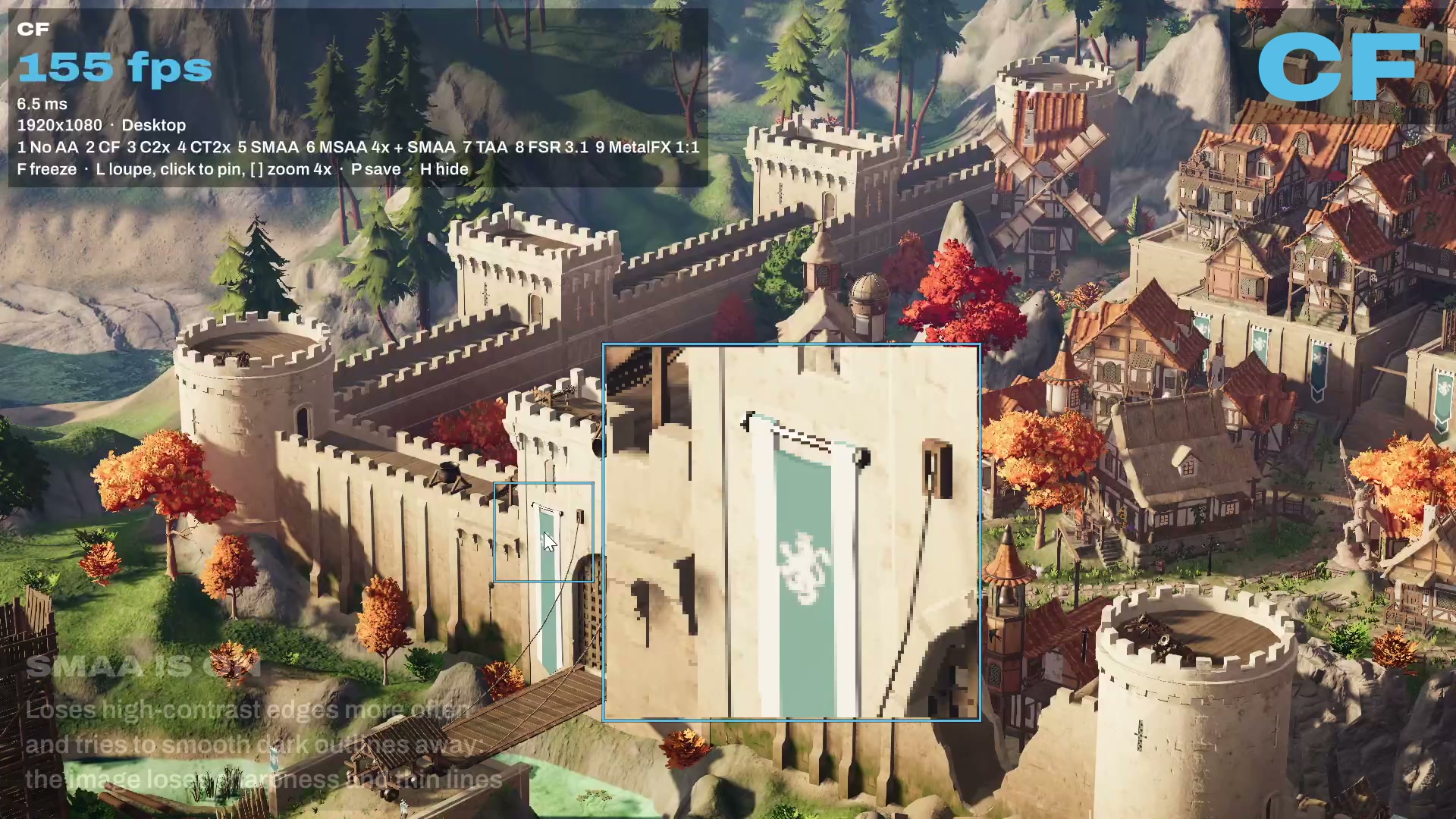 Fantasy Kingdom under the loupe: the same frame with the anti-aliasing mode switching